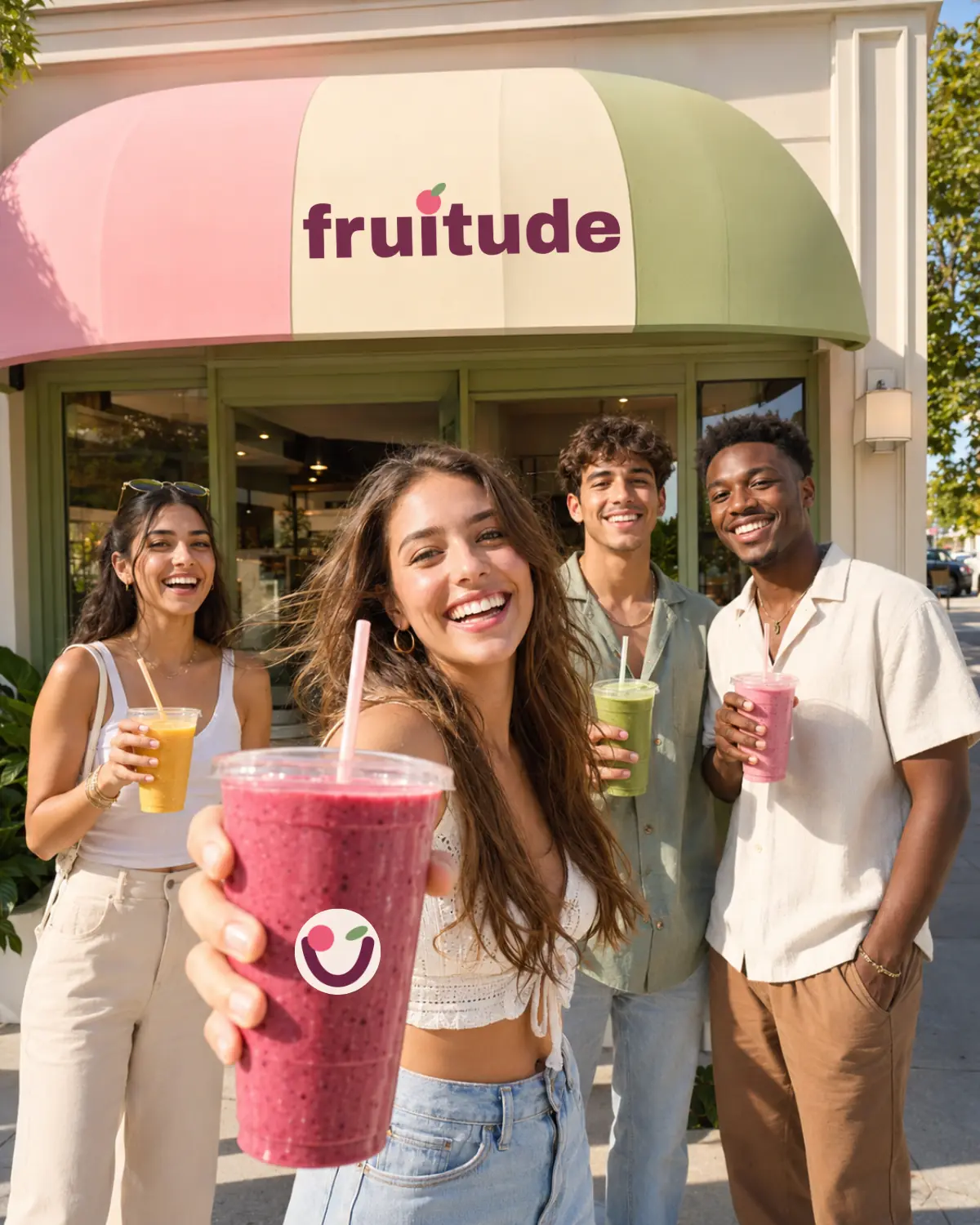 Fruitude – mladi ispred smoothie bara sa brendiranim napicima