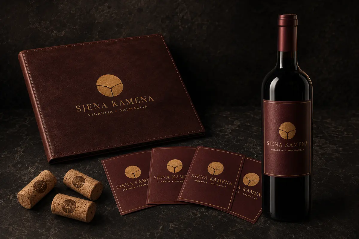 Brendirani elementi vinarije Sjena kamena – boca, etikete, čepovi i kožni meni