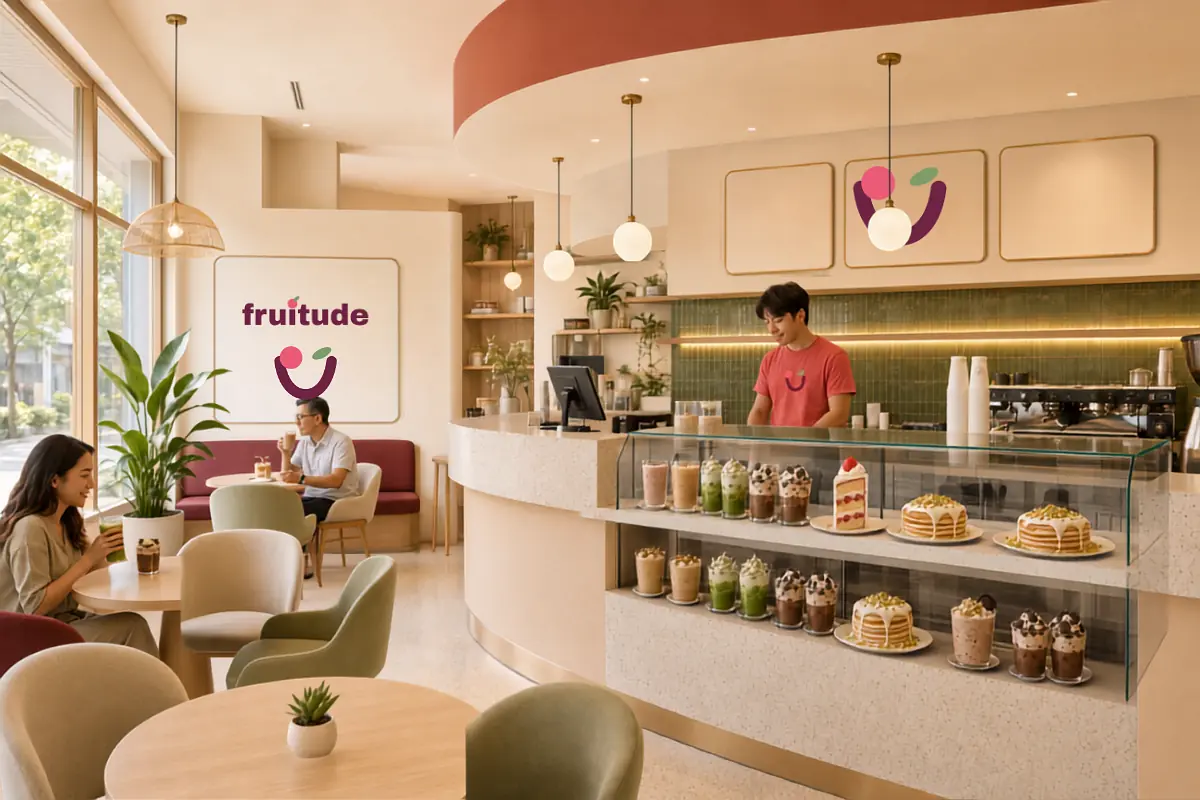Fruitude – enterijer smoothie bara sa brendiranim detaljima i ponudom proizvoda