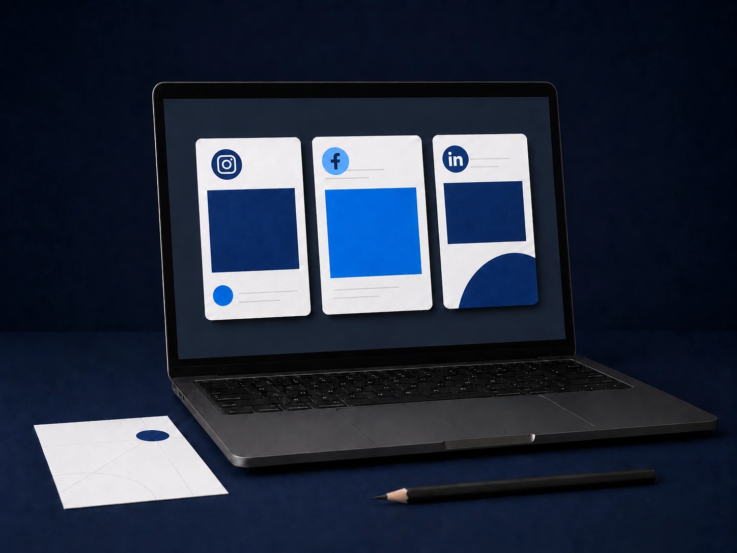 Laptop sa prikazima objava za Instagram, Facebook i LinkedIn