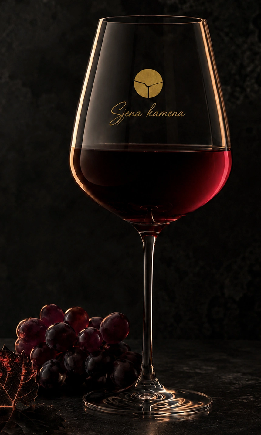 Čaša crnog vina sa zlatnim logotipom vinarije Sjena kamena